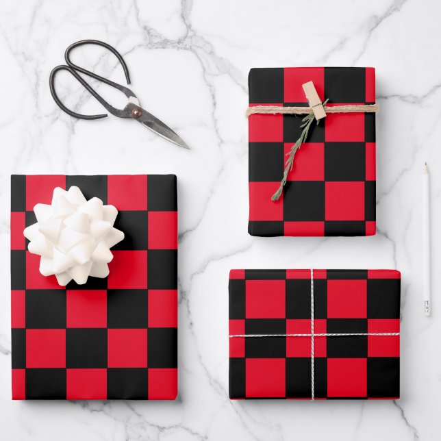 Feuille De Papier Cadeau à damiers rouge et noir (Recto)