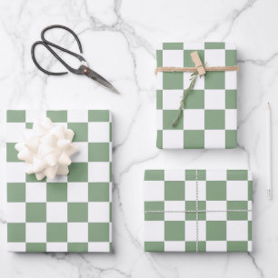 Feuille De Papier Cadeau à damiers Sage vert et blanc