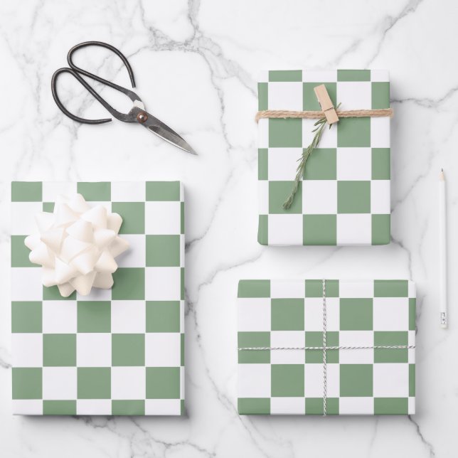 Feuille De Papier Cadeau à damiers Sage vert et blanc (Recto)