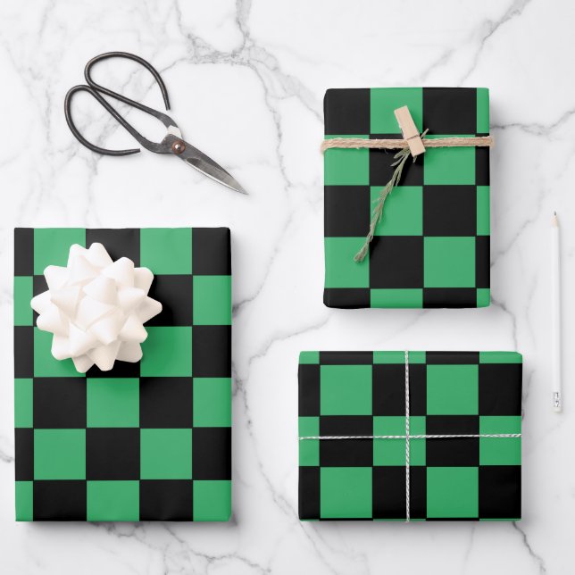 Feuille De Papier Cadeau à damiers vert et noir (Recto)