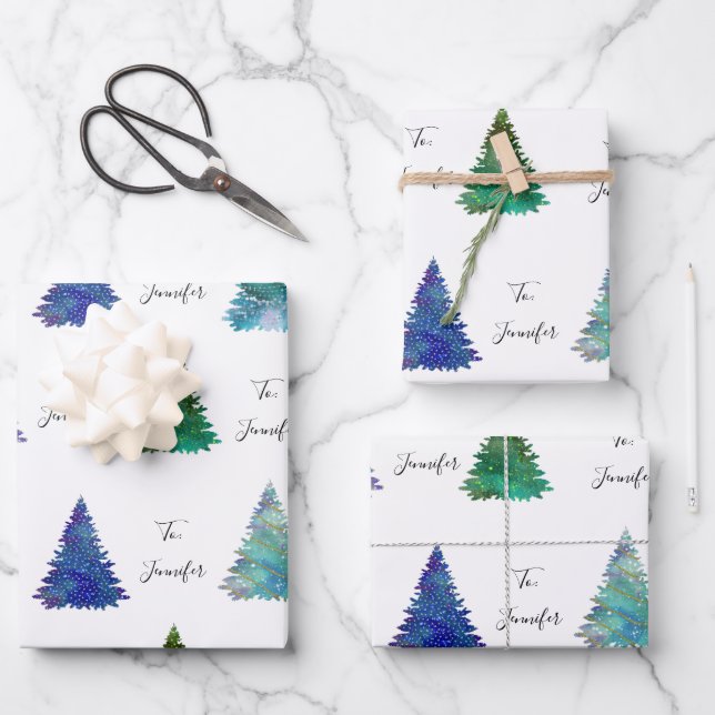 Feuille De Papier Cadeau À: Nom Cursive Colorful Arbres de Noël (Recto)