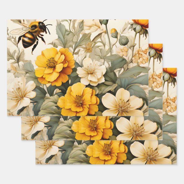 Feuille De Papier Cadeau Abeilles à miel vintages dans les botaniques (Lot)