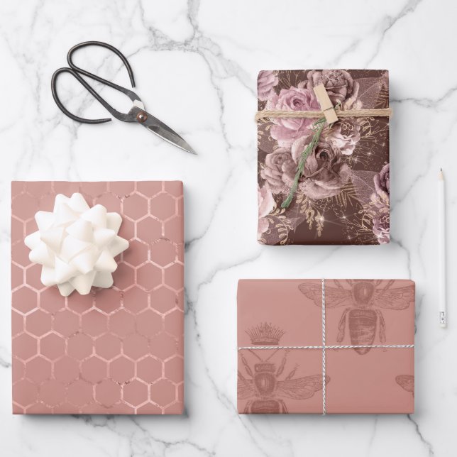 Feuille De Papier Cadeau Abeilles d'or roses et fleurs (Recto)