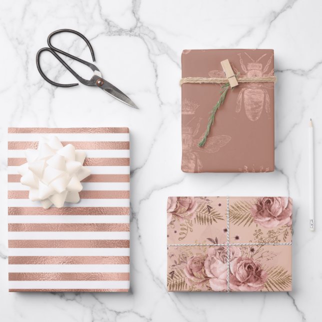 Feuille De Papier Cadeau Abeilles d'or roses et fleurs (Recto)