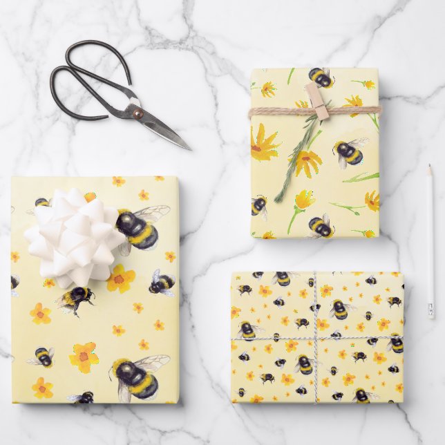 Feuille De Papier Cadeau Abeilles et fleurs aquarelles (Recto)