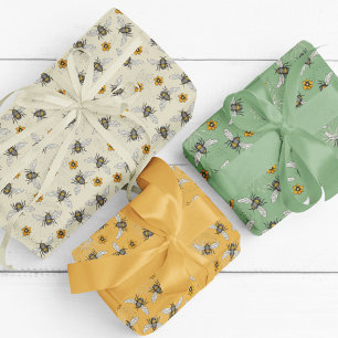Feuille De Papier Cadeau Abeilles jaunes et sauge tendance pour le printemp