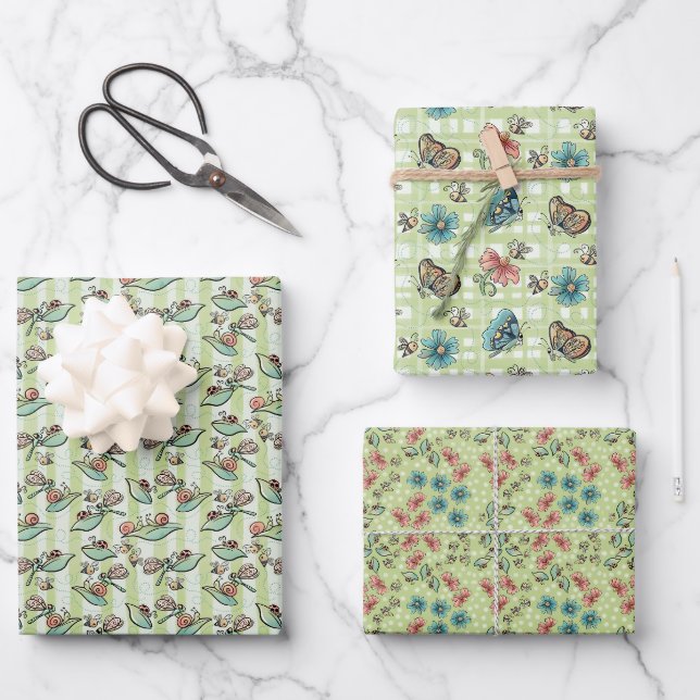 Feuille De Papier Cadeau Abeilles mignonnes, papillons, fleurs et coccinell (Recto)