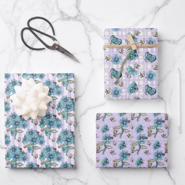 Feuille De Papier Cadeau Abeilles mignonnes, papillons, fleurs et coccinell (Recto)