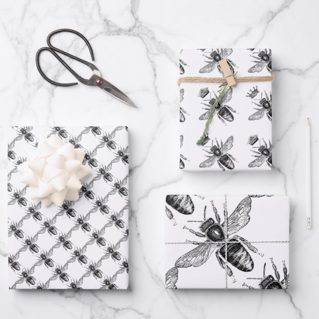 Feuille De Papier Cadeau Abeilles noires et blanches (Recto)