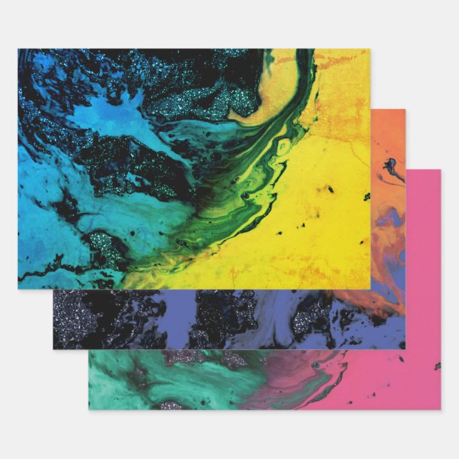 Feuille De Papier Cadeau Abstrait, créatif, marbre, vert, jaune, rose (Lot)