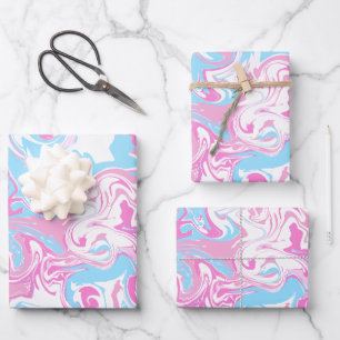 Feuille De Papier Cadeau Abstraite vague de couleurs rose, bleu et blanc