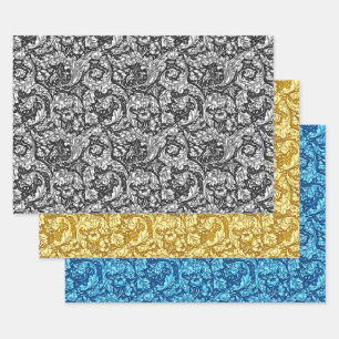 Feuille De Papier Cadeau Acanthus Feuille, noir & blanc, or & bleu