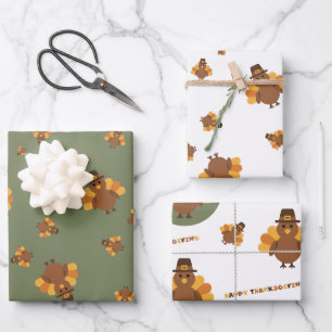 Feuille De Papier Cadeau Action de grâce Automne  Dinde verte