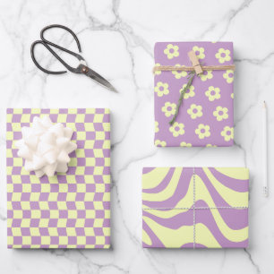 Feuille De Papier Cadeau Ado Fille Pastel Jaune violet Fleur Chèque Wavy