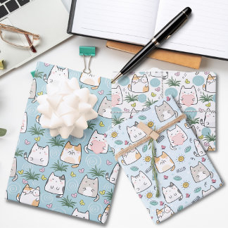 Feuille De Papier Cadeau Adorable Chat Aimer Bleu Thème