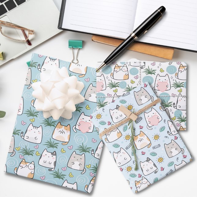 Feuille De Papier Cadeau Adorable Chat Aimer Bleu Thème (Créateur téléchargé)