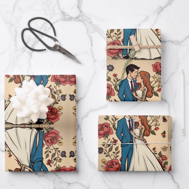 Feuille De Papier Cadeau Adorable couple mariage amoureux (Recto)
