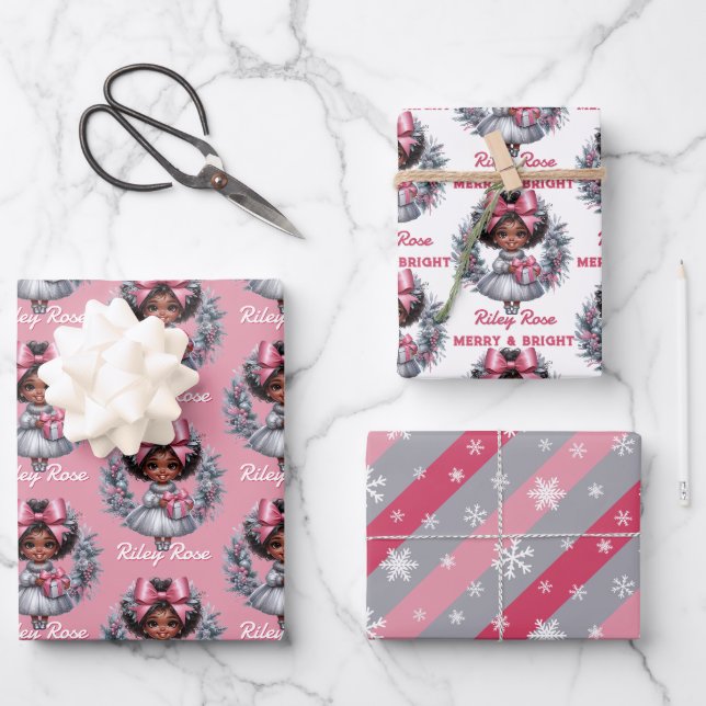 Feuille De Papier Cadeau African American Girl Pink & Silver Holiday (Recto)