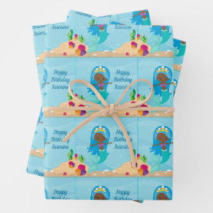 Feuille De Papier Cadeau Afro-Américaine Fille Sirène Enfants Personnalisé 