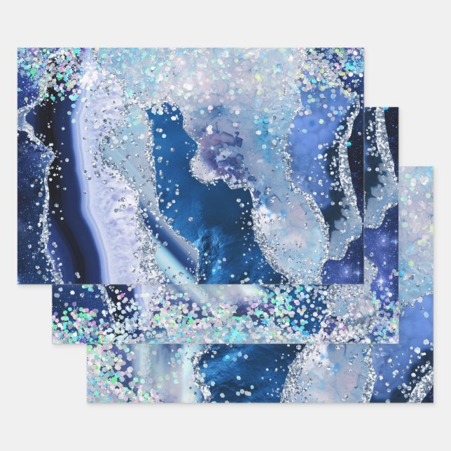 Feuille De Papier Cadeau Agate de Parties scintillant Bleu et Argent (Lot)