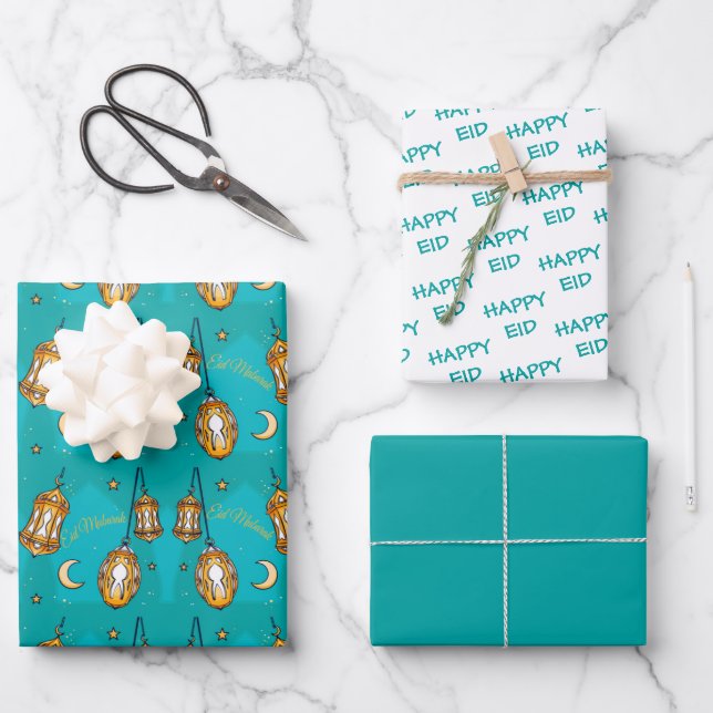 Feuille De Papier Cadeau Aïd Moubarak Enfants Lune et Lanterne Turquoise (Recto)