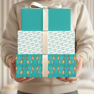 Feuille De Papier Cadeau Aïd Moubarak Enfants Lune et Lanterne Turquoise