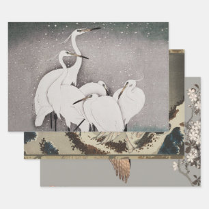 Feuille De Papier Cadeau Aigrettes japonaises Grues Koson Neige d'hiver