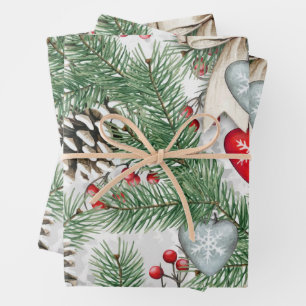 Feuille De Papier Cadeau Aiguilles de pin de Noël et cônes de pin neigeux