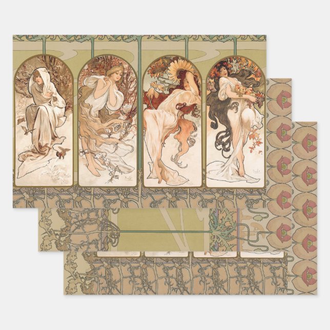 Feuille De Papier Cadeau Alphonse Mucha The Seasons 1897 Art Nouveau (Lot)