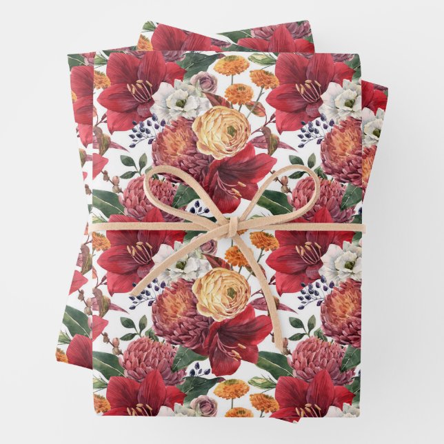 Feuille De Papier Cadeau Amaryllis et Chrysanthèmes Motif floral (En situation)