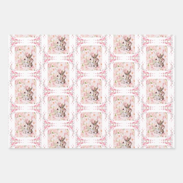 Feuille De Papier Cadeau Amour de lapin avec des roses roses (Devant)