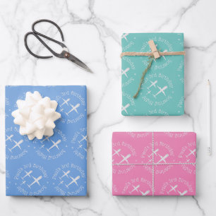 Feuille De Papier Cadeau Amusant Personnalisé Anniversaire Avions Bleu rose