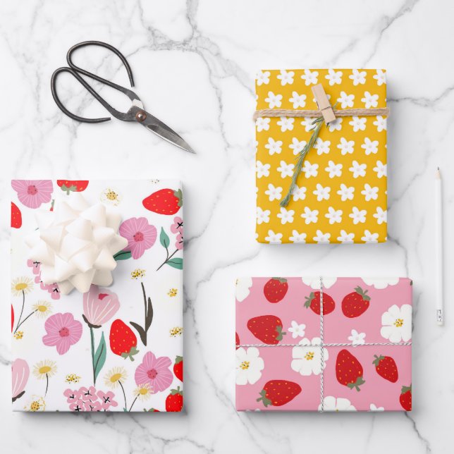 Feuille De Papier Cadeau Amusant rêve floral de fraise (Recto)