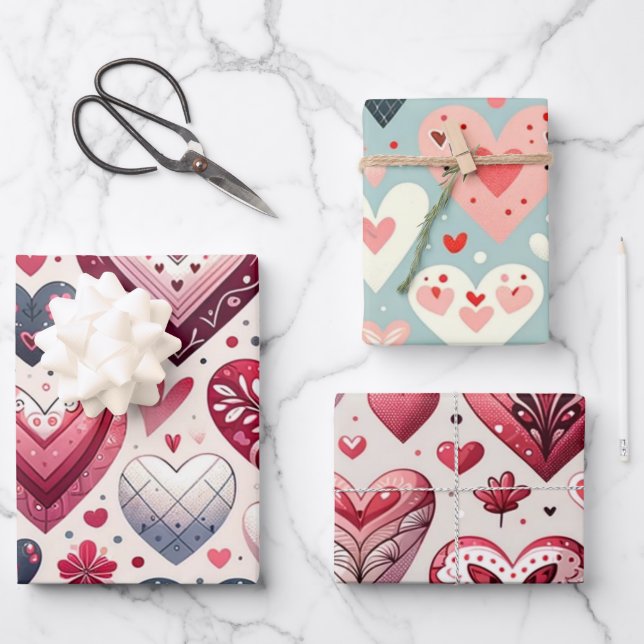 Feuille De Papier Cadeau Amusants Coeurs sur Blue Whimsical Fancy Valentine (Recto)