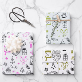 Feuille De Papier Cadeau Amusants Ligne Moderne Dessin Vacances Thème Noël