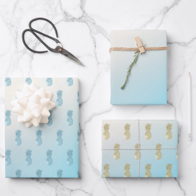 Feuille De Papier Cadeau Ananas Aqua Ombre Gold (Recto)