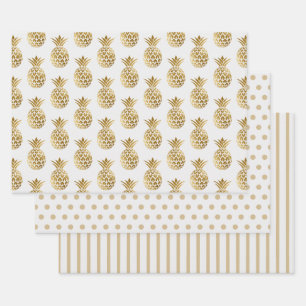 Feuille De Papier Cadeau Ananas Blancs Or Pois Rayures Uni