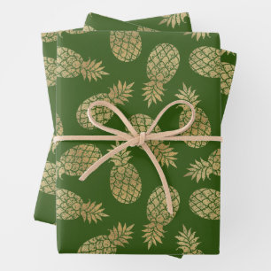 Feuille De Papier Cadeau Ananas en or sur vert