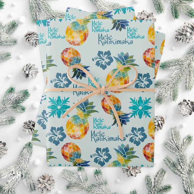 Feuille De Papier Cadeau Ananas hawaïen et Hibiscus Mele Kalikimaka 2 (Créateur téléchargé)