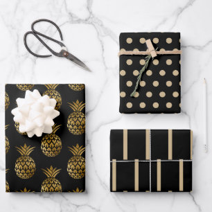 Feuille De Papier Cadeau Ananas Noir Or Pois Grilles Solides