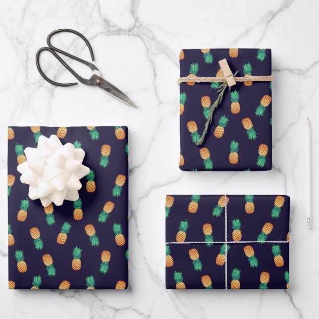 Feuille De Papier Cadeau Ananas Sur Marine (Recto)