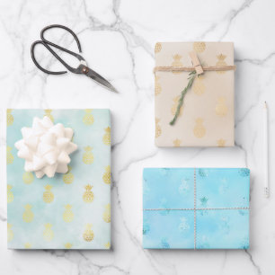 Feuille De Papier Cadeau Ananas tropicaux Aqua Gold Glam