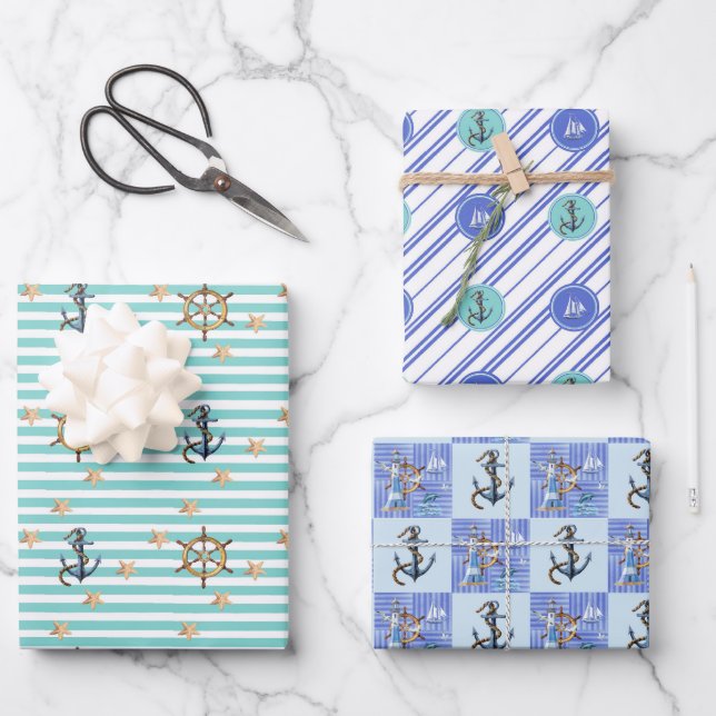 Feuille De Papier Cadeau Ancre de mer nautique tendance Bleu de navigation (Recto)