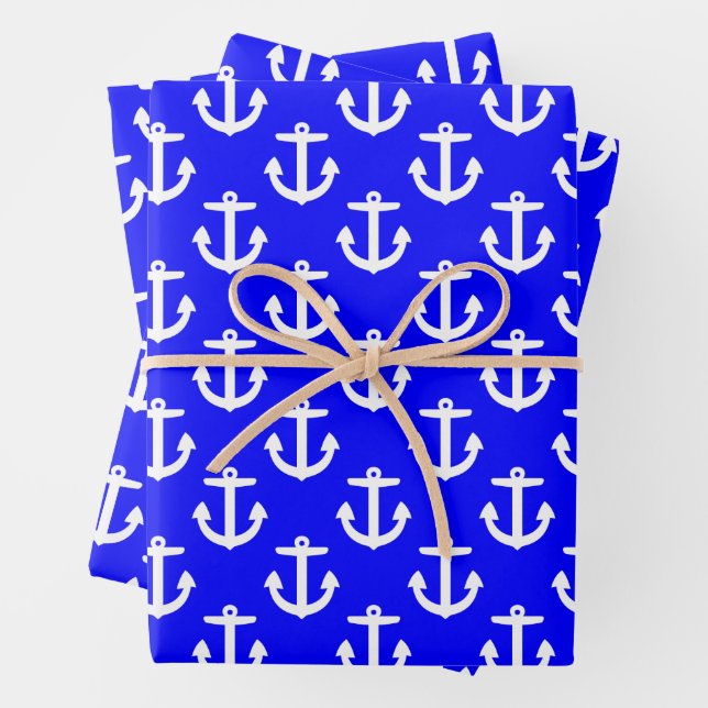 Feuille De Papier Cadeau Ancres blanches sur Arrière - plan bleu (En situation)