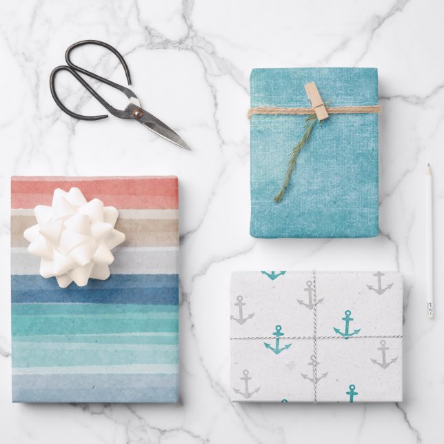 Feuille De Papier Cadeau Ancres de bande d'aquarelle marine (Recto)