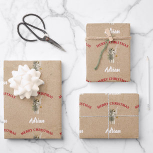 Feuille De Papier Cadeau Ange de Noël Vintage & Arbre Nom personnalisé Kraf