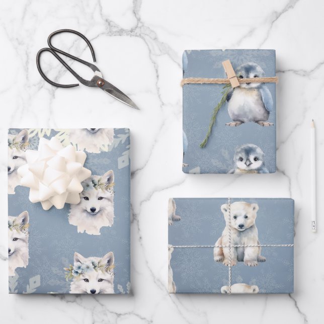 Feuille De Papier Cadeau Animaux arctiques Flocon de neige hivernal (Recto)