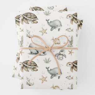 Feuille De Papier Cadeau Animaux Bébés Océan Aquarelle Mignons