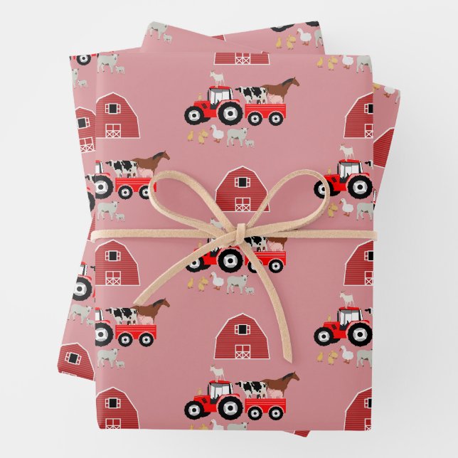Feuille De Papier Cadeau Animaux de ferme et tracteur rouge Barnyard Girls  (En situation)