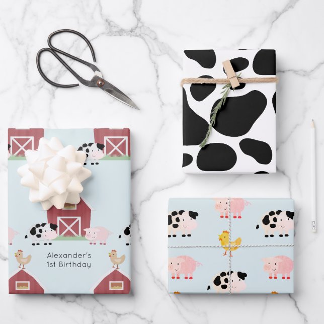Feuille De Papier Cadeau Animaux de ferme et vache Motif Bleu Anniversaire (Recto)
